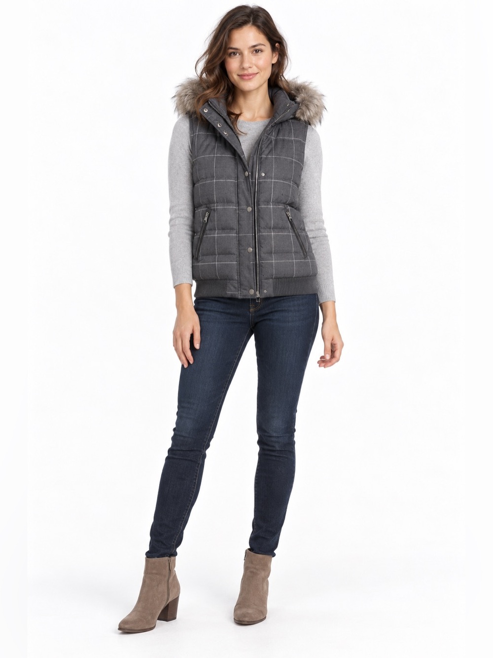 Esprit Gray Plaid Down Feather Puffer Vest with Faux Fur Trim.  Sz US 0